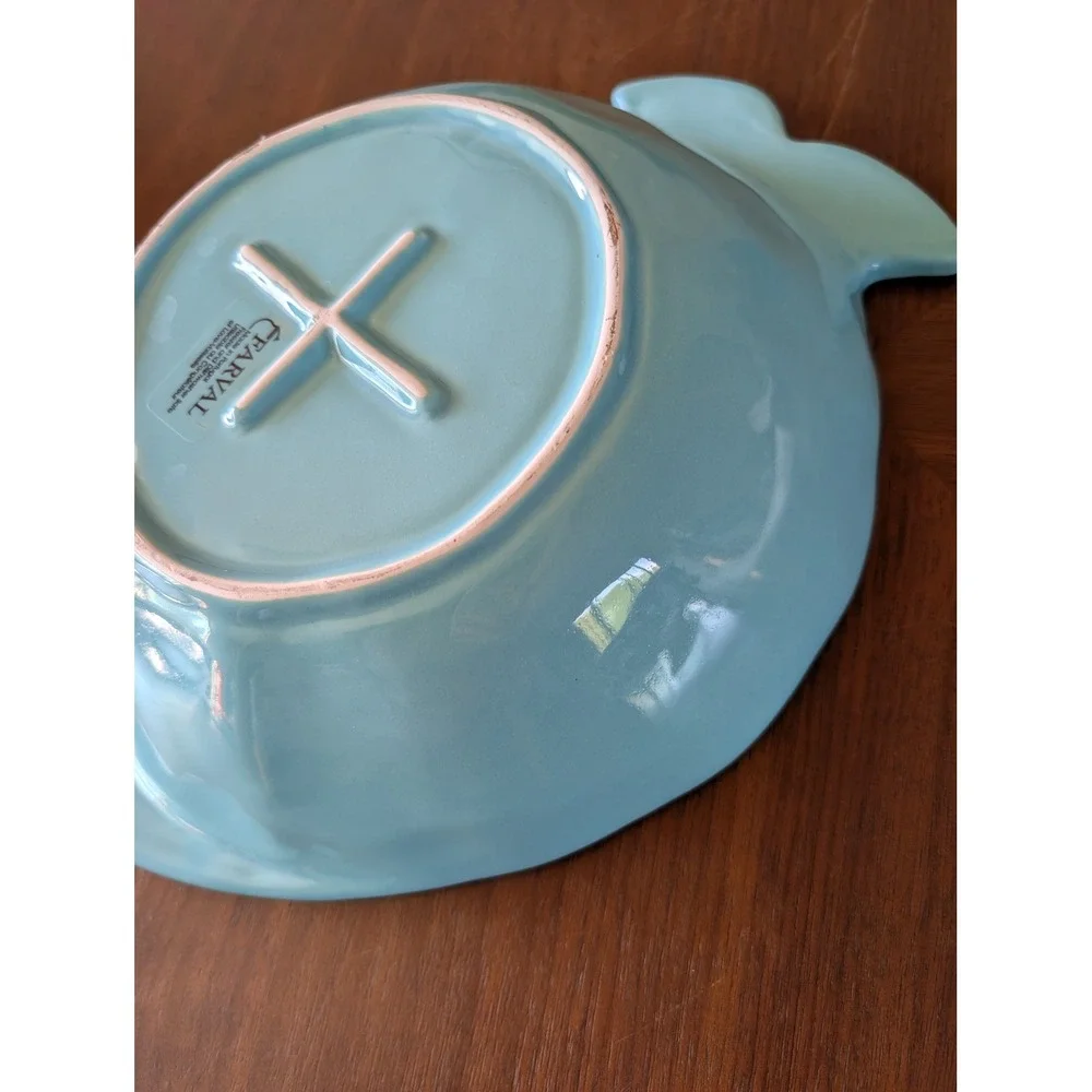Farval Portugal Blue Ceramic Fish Serving Bowl Embossed Scales Coastal‎ Decor